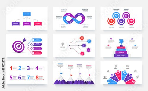 Set of infographic presentation slides. Target, stairs with gold cup, infinity sign, mountains, flowchart and circle diagrams. Vector illustration for business data visualization.
