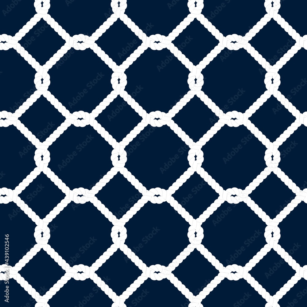 Fototapeta premium Nautical rope Seamless pattern. Endless navy illustration with white fishing net ornament and marine knots on dark blue backdrop. Trendy maritime style background. For fabric, wallpaper, wrapping