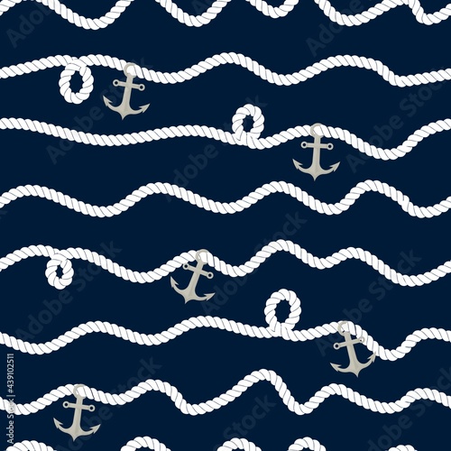 Nautical rope Seamless pattern. Endless navy illustration with white fishing net ornament and marine knots on dark blue backdrop. Trendy maritime style background. For fabric, wallpaper, wrapping