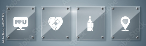 Set Location with heart, Champagne bottle, Healed broken and Speech bubble I love you. Square glass panels. Vector
