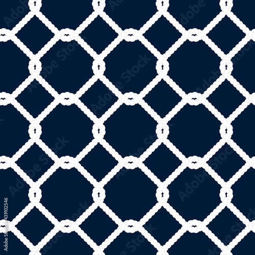 Nautical rope Seamless pattern. Endless navy illustration with white fishing net ornament and marine knots on dark blue backdrop. Trendy maritime style background. For fabric, wallpaper, wrapping