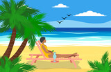 A woman lies on a sun lounger on a sandy beach near the ocean, drinks a cocktail and relaxes. Vacation at sea concept.