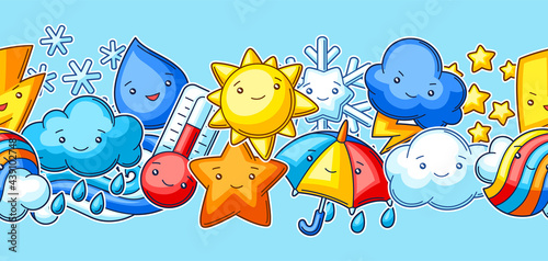 Seamless pattern with cute kawaii weather items. Funny seasonal child illustration.