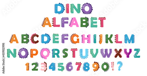 funny comic Dino alphabet and numbers on a white background in cartoon style. Bright modern illustration for kids, nursery, poster, card, birthday party, packaging paper design, baby t-shirts.