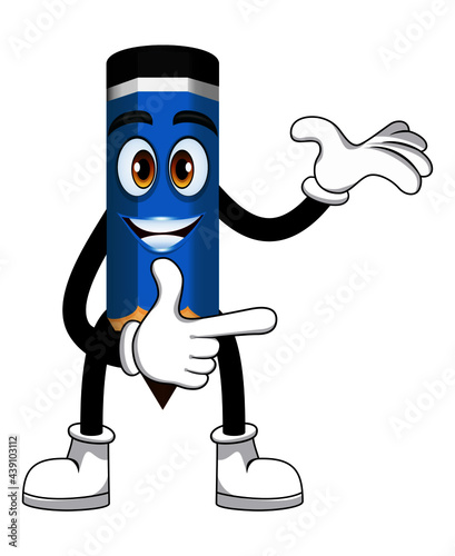 Happy mascot pencil character pointing with colorful outfit isolated