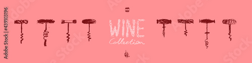 Wine industry icons set. Winemaking hand drawn illustrations for winery symbol, wine shop, alcohol store, vector logo templates, biodynamic wines, wine bar sign. Bottle screw, octave, grape, stopper.