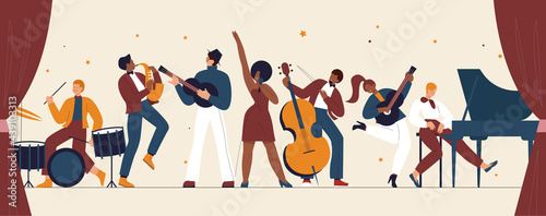 International jazz day, retro music festival party concert vector illustration. Cartoon live music band playing musical instrument, woman singer and musicians with saxophone piano drum background