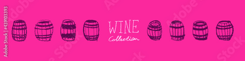 Wine industry icons set. Winemaking hand drawn illustrations for winery symbol, wine shop, alcohol store, vector logo templates, biodynamic wines, wine bar sign. Bottle screw, octave, grape, stopper.