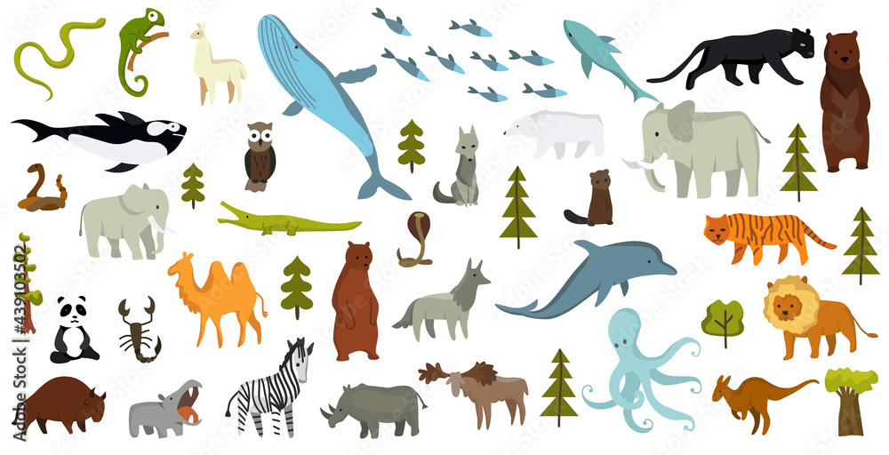 Obraz premium Collection of cute animals. Hand drawn animals which are common in America, Europe, Asia, Africa. Icon set isolated on a white background