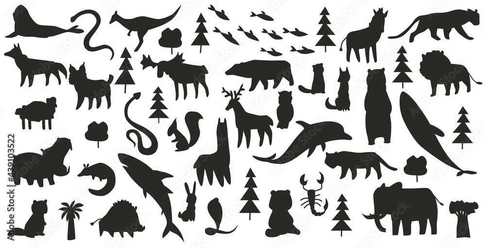 Obraz premium Collection of animals. Hand drawn silhouette of animals which are common in America, Europe, Asia, Africa. Black icon set isolated on a white background