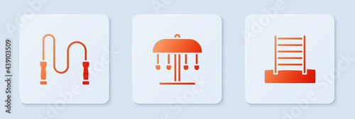 Set Attraction carousel, Jump rope and Swedish wall. White square button. Vector