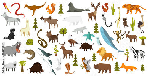 Collection of cute animals. Hand drawn animals which are common in America, Europe, Asia, Africa. Icon set isolated on a white background