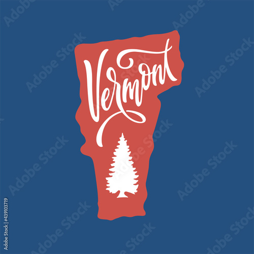 Vermont. Hand drawn USA state name inside state silhouette on blue background. Modern calligraphy for t shirt prints, posters, stickers, cards, souvenirs. Vector vintage illustration.