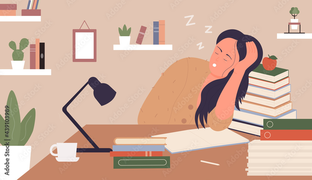 Tired girl, exhausted of study vector illustration. Cartoon young woman  sleeping next to books, sleepy girl student character sitting at table,  studying hard before exam at home interior background Stock Vector |