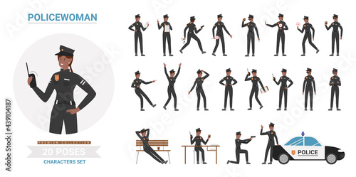 African american black police officer woman poses vector illustration set. Cartoon policewoman in black uniform works in office or street public security female cop holding ticket, handcuffs stop sign