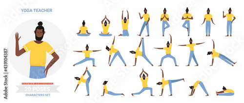 African american black yoga teacher poses vector illustration set. Cartoon yogist man doing yogi asana exercise, meditating, sitting lotus posture, infographic relaxation activity routine isolated