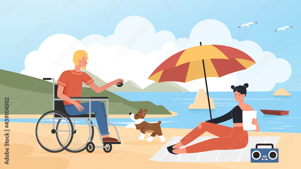 People couple with pet dog in summer beach vacation vector illustration. Cartoon young disabled man character in wheelchair training doggy animal friend, woman sitting under beach umbrella background