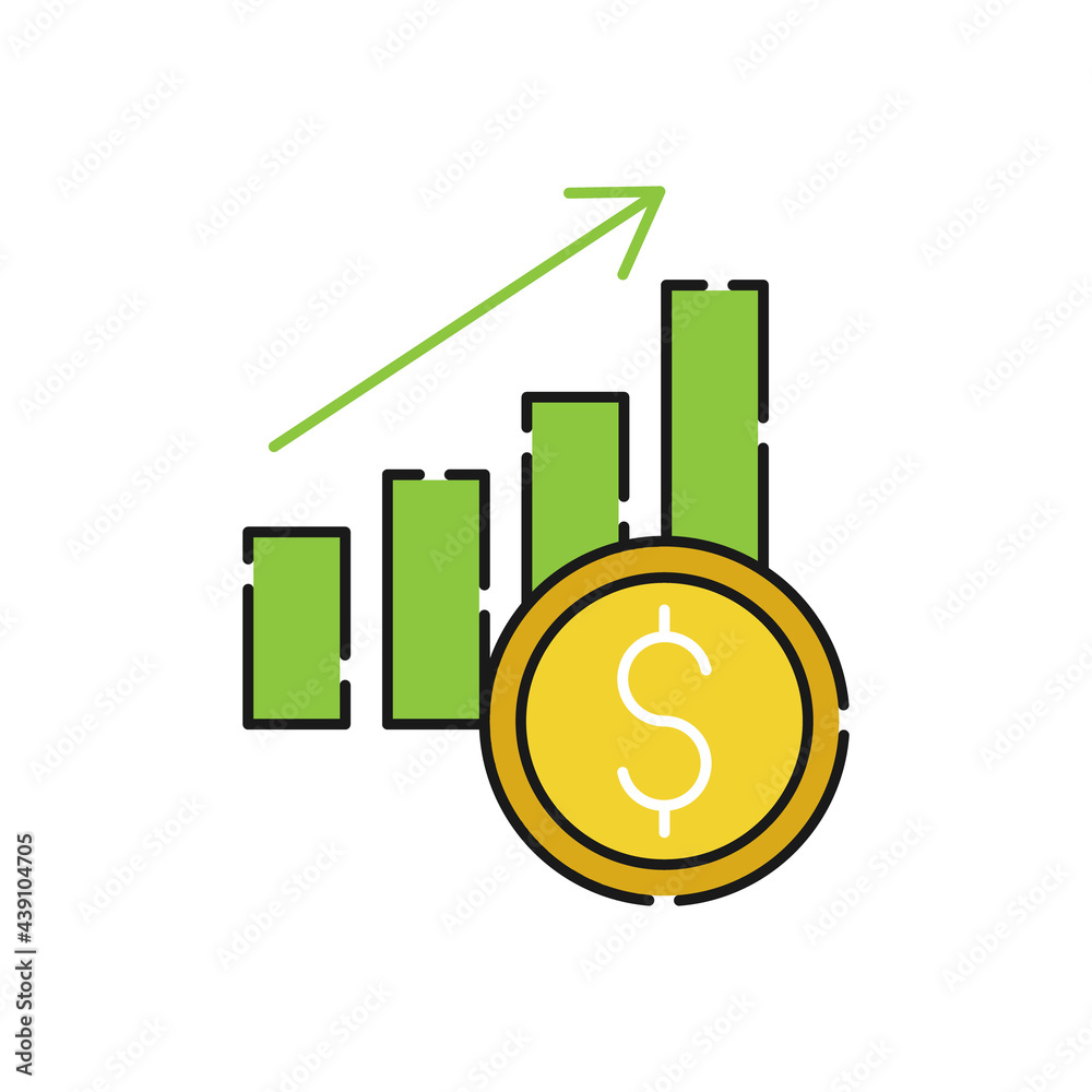 Money Chart icon Vector. Money stats with chart bar growing of rising and falling dollar vector design concept for Payment, Finance, Currency and Trading Business website, symbol, icon, sign, App UI Money Chart icon Vector. Money stats with chart bar growing of rising and falling dollar vector design concept for Payment, Finance, Currency and Trading Business website, symbol, icon, sign, App UI