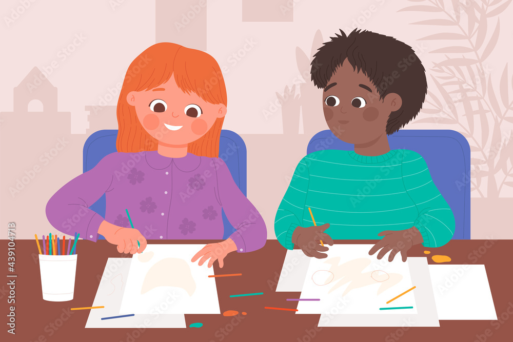 Children drawing with pencils on paper, friends sitting at table vector illustration. Cartoon happy boy girl child character learning to draw, create paintings, spend fun time together background Children drawing with pencils on paper, friends sitting at table vector illustration. Cartoon happy boy girl child character learning to draw, create paintings, spend fun time together background