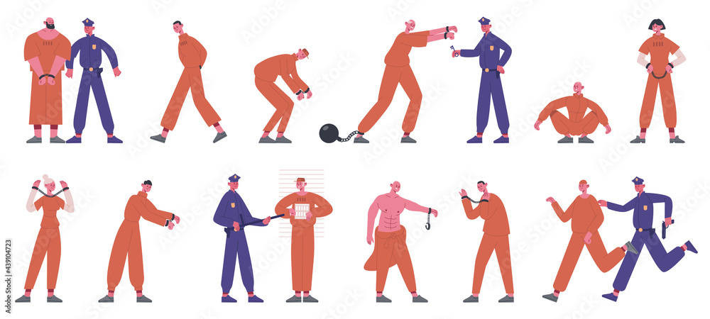 Inmates characters. Prisoners in prison uniform serving time and policemen in prison isolated vector illustration set. Crime system characters