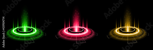 Color hologram portal. Magic fantasy portal. Magic circle teleport podium with hologram effect. Vector glow rays with sparks on clark ackground.