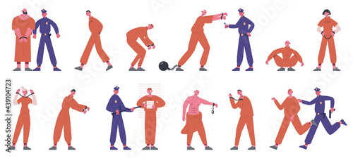 Inmates characters. Prisoners in prison uniform serving time and policemen in prison isolated vector illustration set. Crime system characters