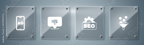 Set Lead management, SEO optimization, Dislike in speech bubble and Advertising. Square glass panels. Vector