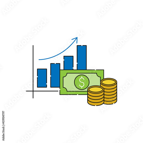 Money Chart icon Vector. Money stats with chart bar growing of rising and falling dollar vector design concept for Payment, Finance, Currency and Trading Business website, symbol, icon, sign, App UI