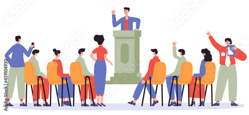 Business coach conduct training or seminar. Vector meeting manager