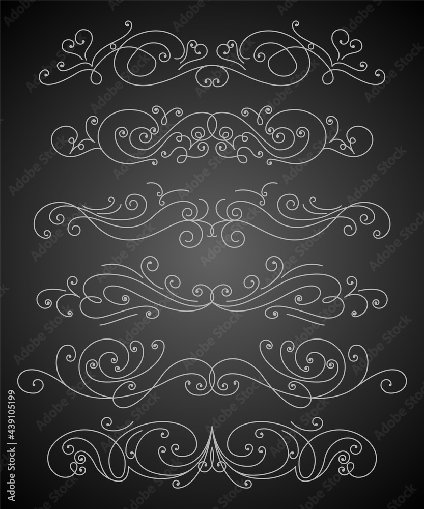 Flourish calligraphic design elements set. Page decoration symbols to embellish your layout. Linear collection of vintage swirls