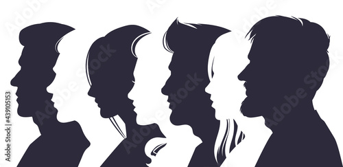 Male and female profile faces silhouettes, human faces overlay images concept photo