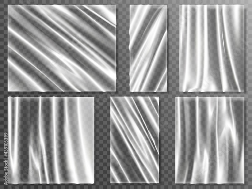 Realistic plastic banners. Transparent plastic wrap, glossy flexible material wrinkled banner vector illustration set. Polyethylene texture elements