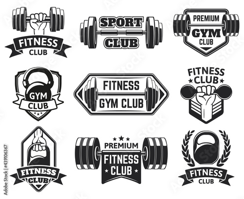 Gym labels. Sport, bodybuilding, fitness equipment symbols, vintage fitness badges silhouette vector illustration set. Wellness equipment emblems