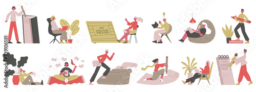 Writers and journalists. Copywriters, content manager and bloggers, copywriting or writing books vector illustration set. Creative storytelling characters