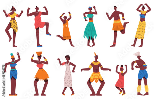 African dancing people. Dancing tribal dance African black male and female characters isolated cartoon vector illustration set. African tribal dancers