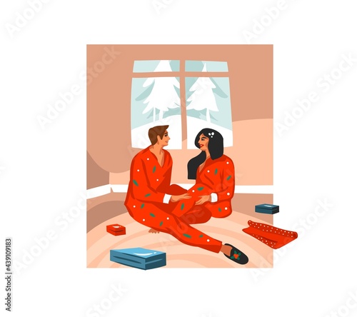 Hand drawn vector abstract fun stock flat Merry Christmas,and Happy New Year cartoon festive card with cute illustrations of Xmas couple unpack gifts at home together isolated on white background