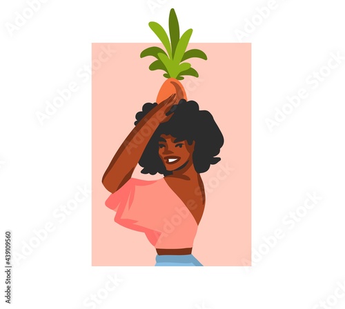 Hand drawn vector abstract stock graphic illustration with young happy,summer beach bohemian black afro american beauty female character avatar for social media isolated on white background