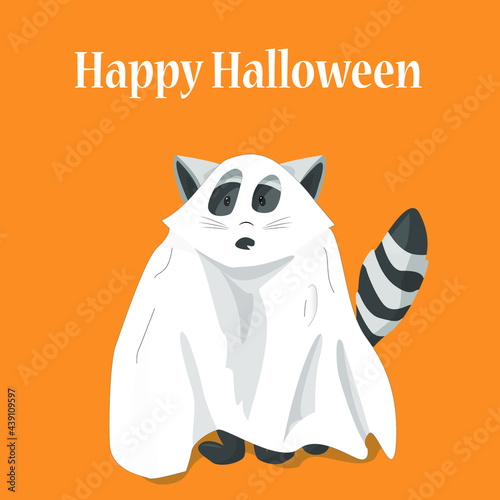 happy halloween greeting card with cute raccoon ghost on orange background