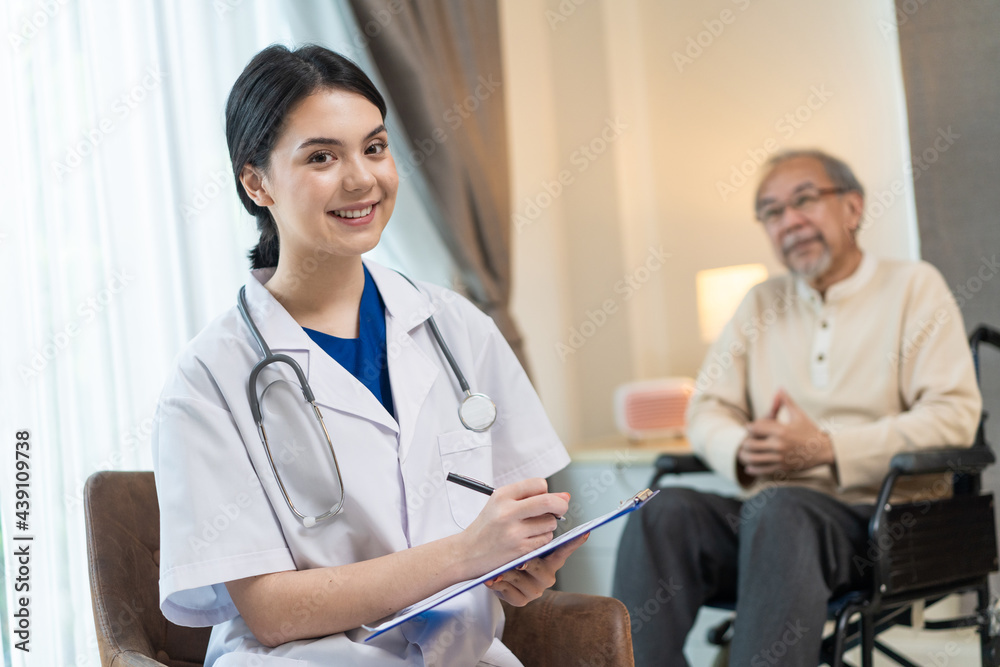 Portrait of Psychologist doctor and senior old patient on wheelchair. Portrait of Psychologist doctor and senior old patient on wheelchair.
