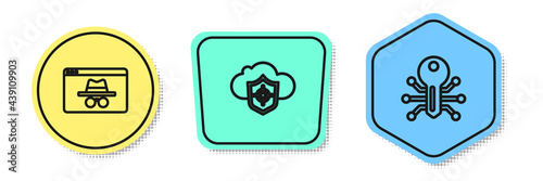Set line Browser incognito window, Cloud and shield and Smart key. Colored shapes. Vector