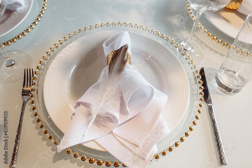 Cutlery on the table. Banquet and wedding table setting. Banquet accessories. Close-up. photo