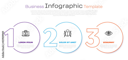 Set line Laptop and lock, System bug and Eye scan. Business infographic template. Vector