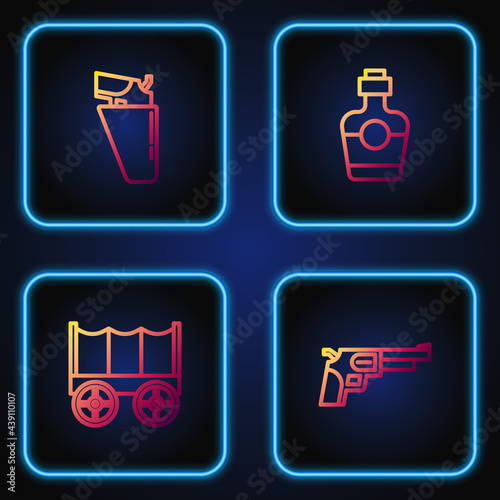 Set line Revolver gun, Wild west covered wagon, in holster and Tequila bottle. Gradient color icons. Vector