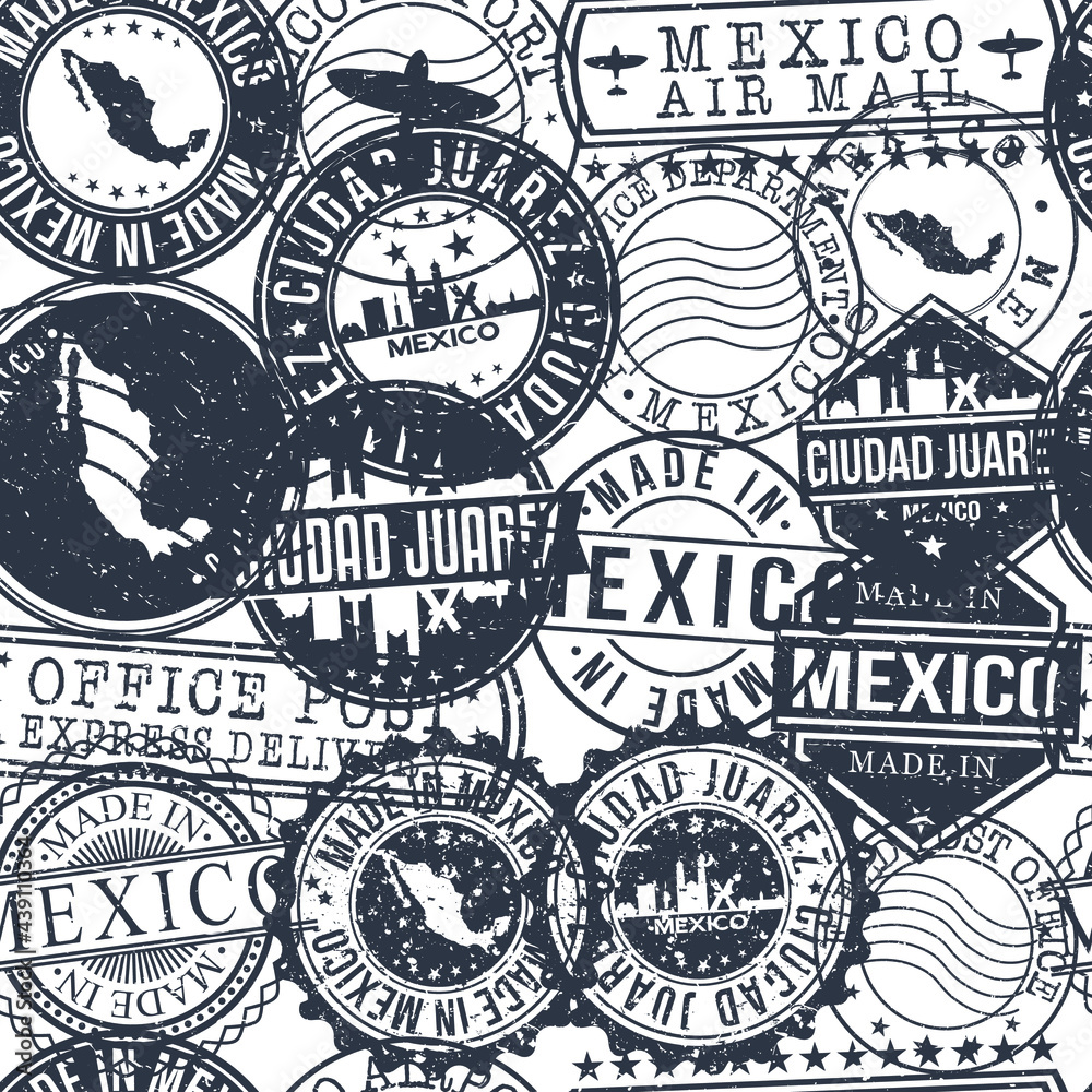 Juarez City Mexico Stamps Background. A City Stamp Vector Art. Set of Postal Passport Travel. Design Set Pattern.