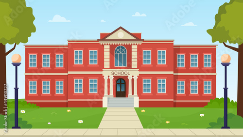 School building facade with green grass and trees. Public educational institution exterior. Vector illustration.