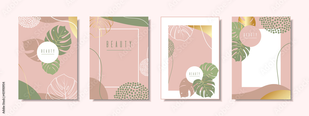 A luxury set of modern, elegant banners. Tropical leaves with gold elements on a pink background. Botanical design for cosmetics, perfumery, spa, travel agency, invitation. Stock vector illustration.