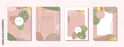 A luxury set of modern, elegant banners. Tropical leaves with gold elements on a pink background. Botanical design for cosmetics, perfumery, spa, travel agency, invitation. Stock vector illustration.