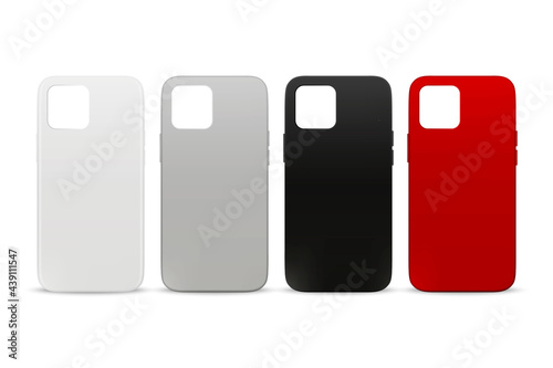 Vector 3d Realistic White, Gray, Black, Red Blank Phone Case Design Template. Back Cover for Smartphone Set Isolated on White Background. Mockup. Front View