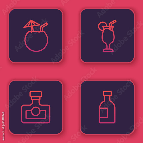 Set line Coconut cocktail, Alcohol drink Rum, Cocktail and Glass bottle of vodka. Blue square button. Vector