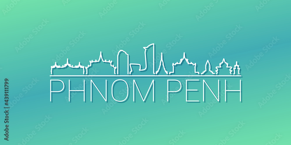 Phnom Penh, Cambodia Skyline Linear Design. Flat City Illustration Minimal Clip Art. Background Gradient Travel Vector Icon.